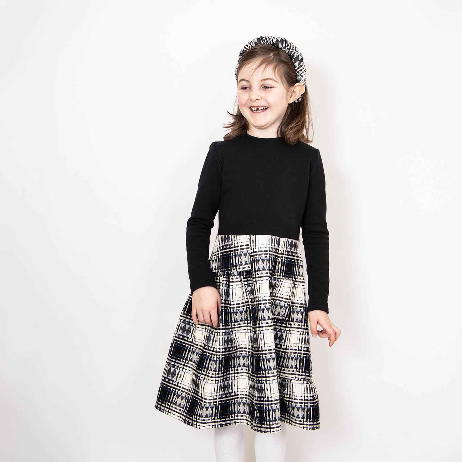 Girls Black Dress with Tartan Skirt in Black & White-1