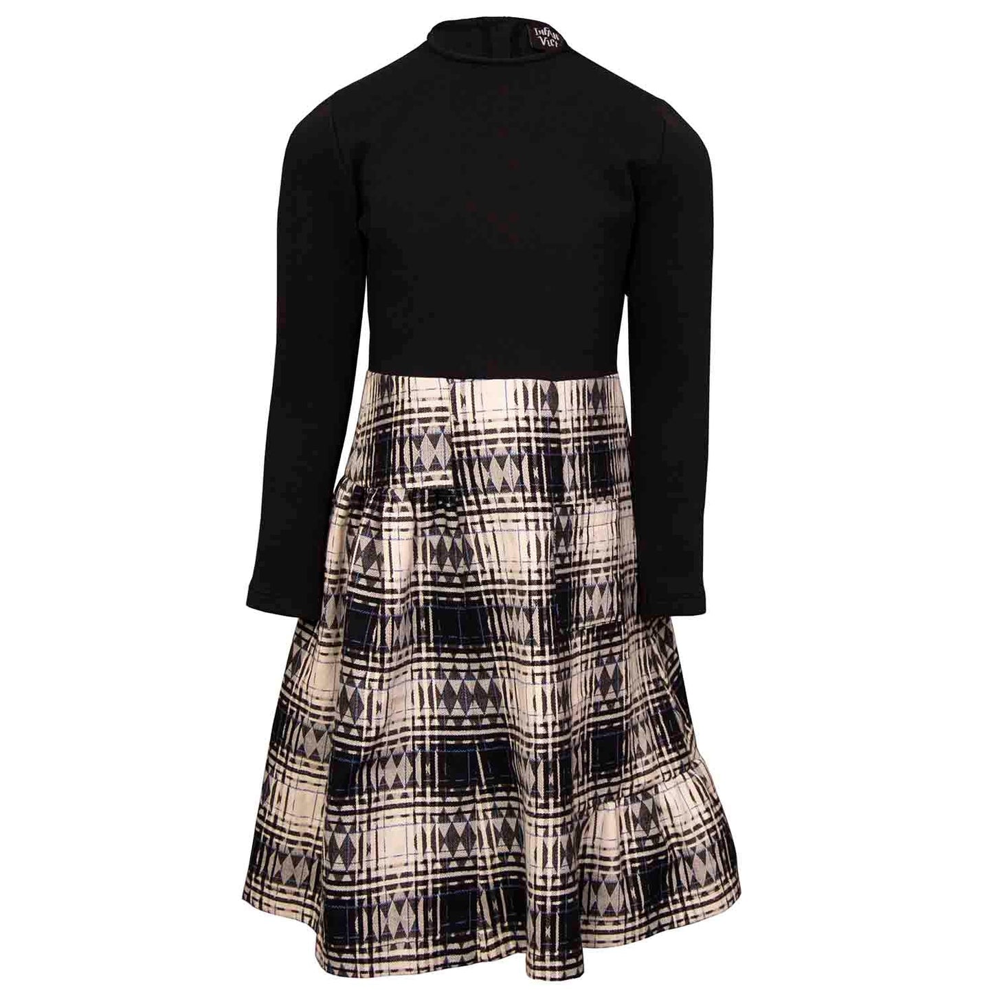Girls Black Dress with Tartan Skirt in Black & White-0