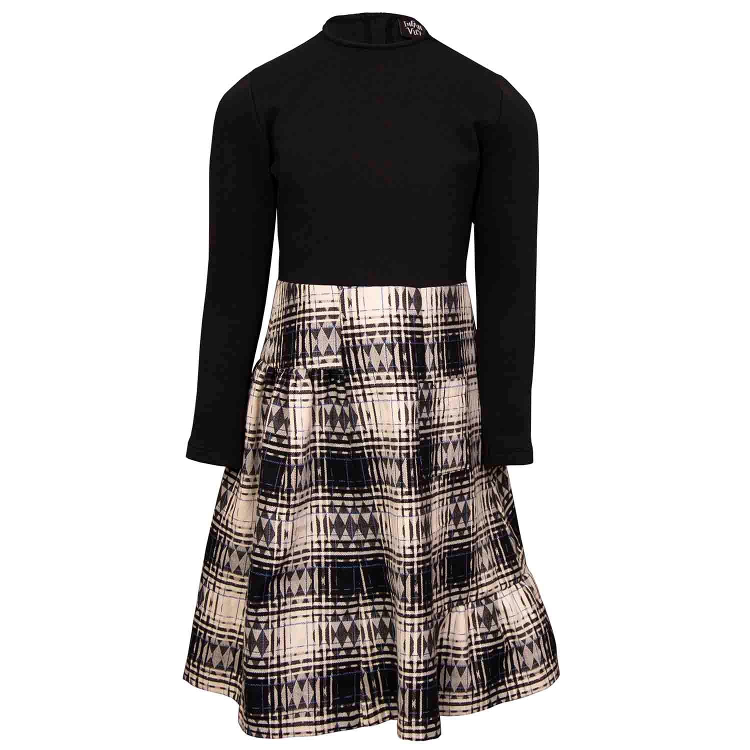 Girls Black Dress with Tartan Skirt in Black & White-0