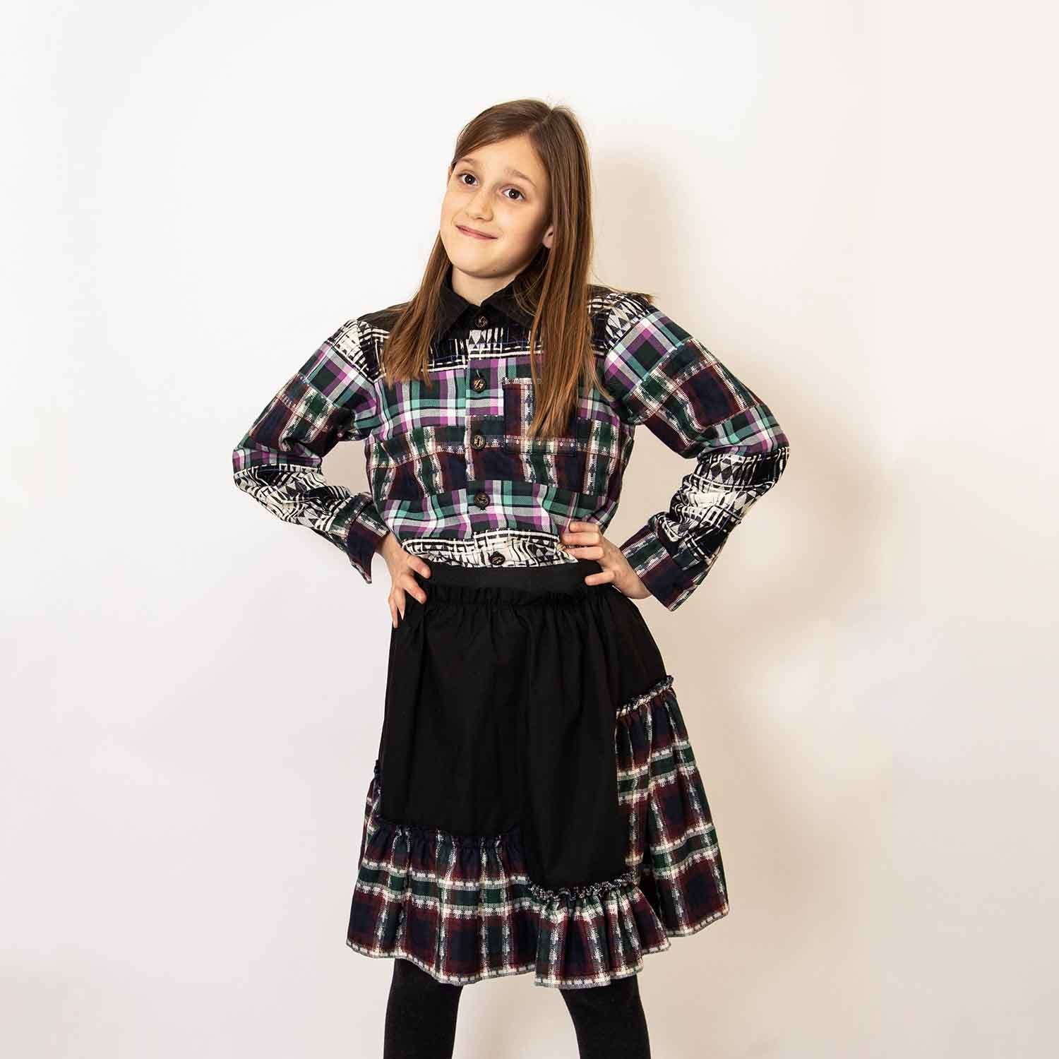 Girls Black Skirt with Tartan Detail in Red & Green-1