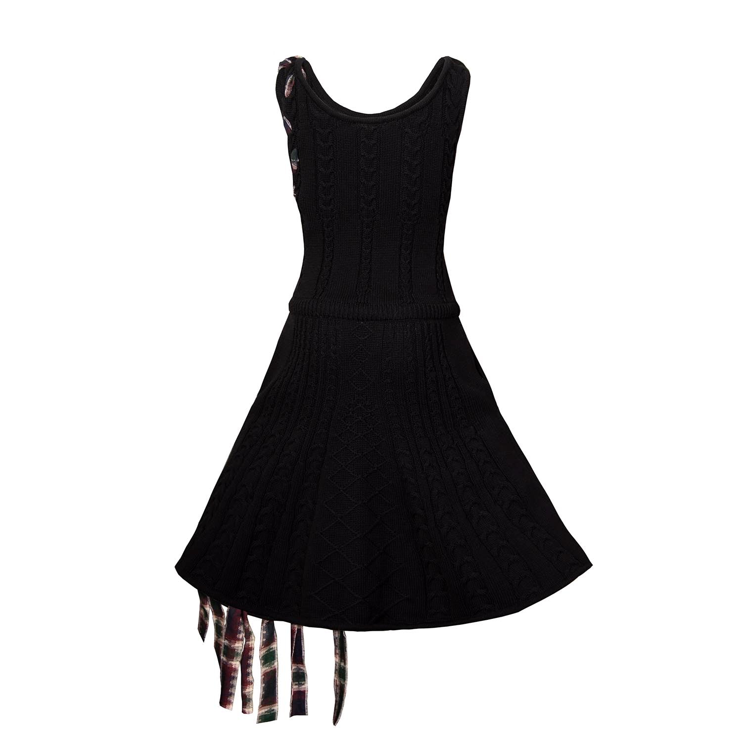 Girls Black Cable Knit Dress with Red Tartan Details-2