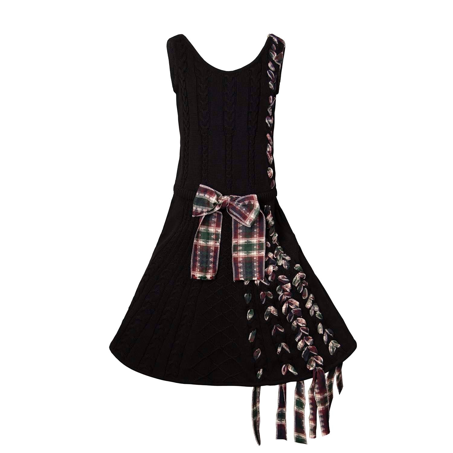 Girls Black Cable Knit Dress with Red Tartan Details-0