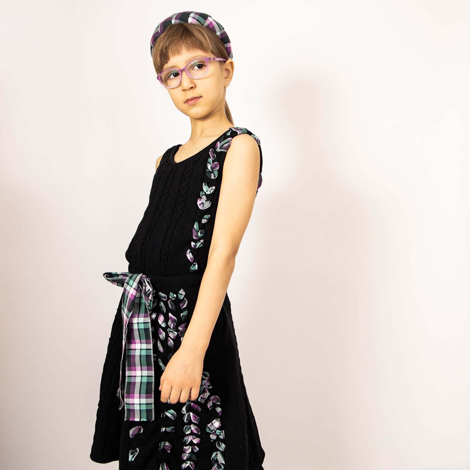 Black Cable Knit Dress with Purple Tartan Details-1