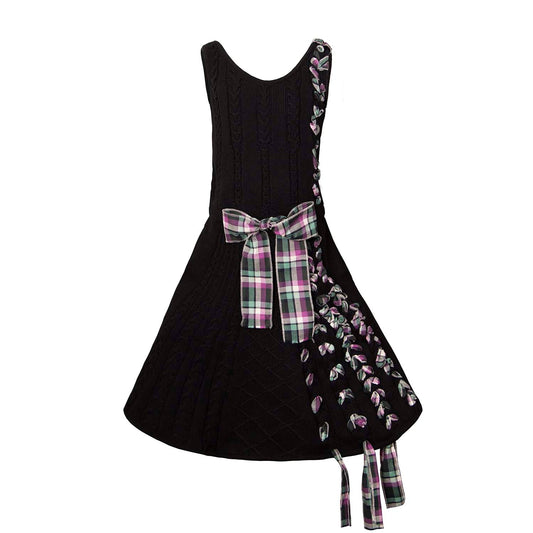 Black Cable Knit Dress with Purple Tartan Details-0