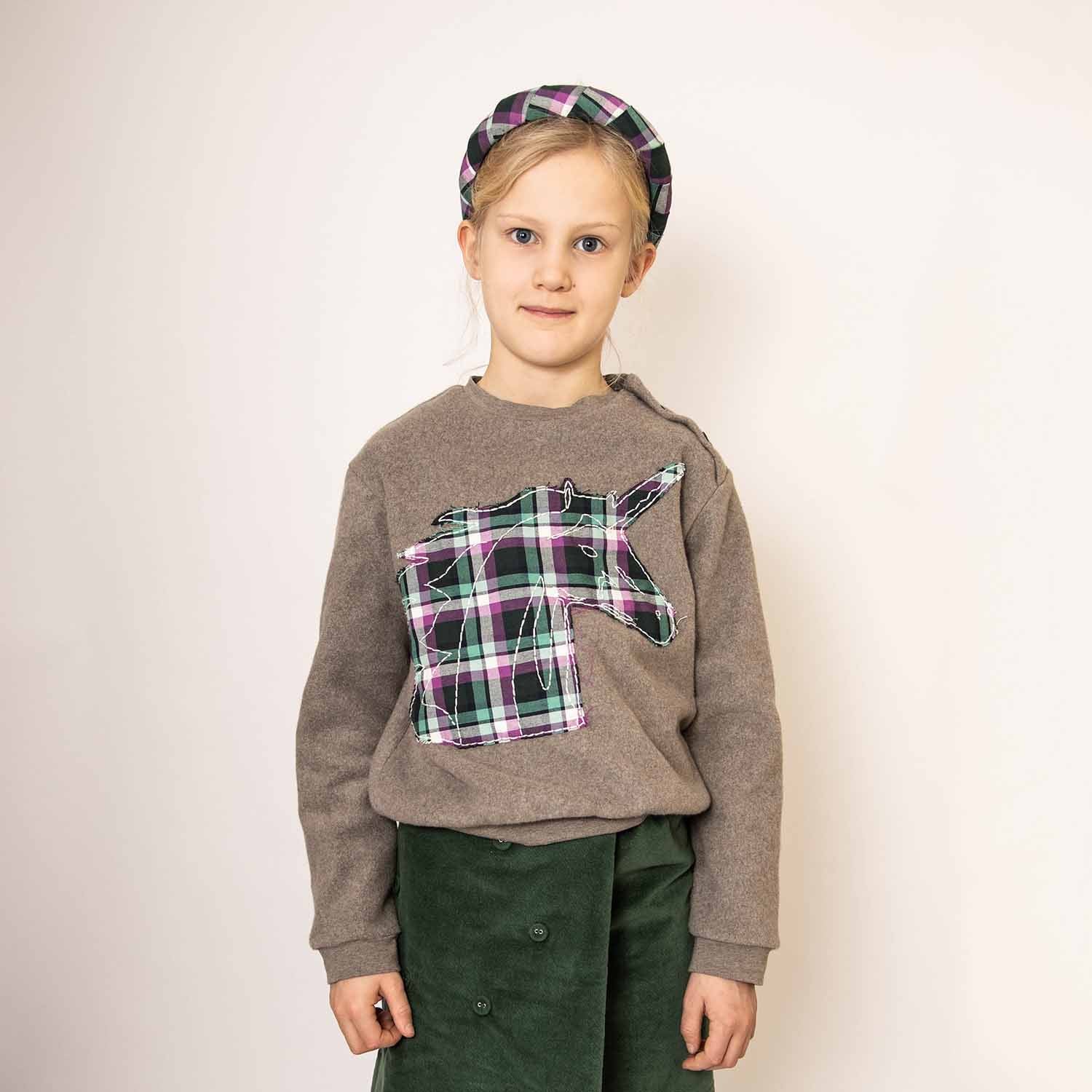 Beige Fleece Sweatshirt with Unicorn Appliqué-1