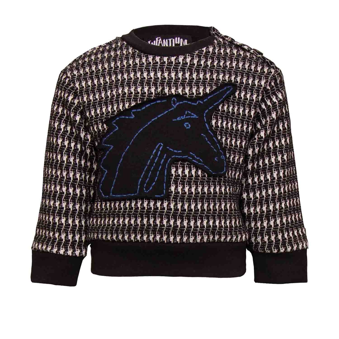 Black and white pied de poule Baby Sweatshirt with Unicorn Appliqué-0
