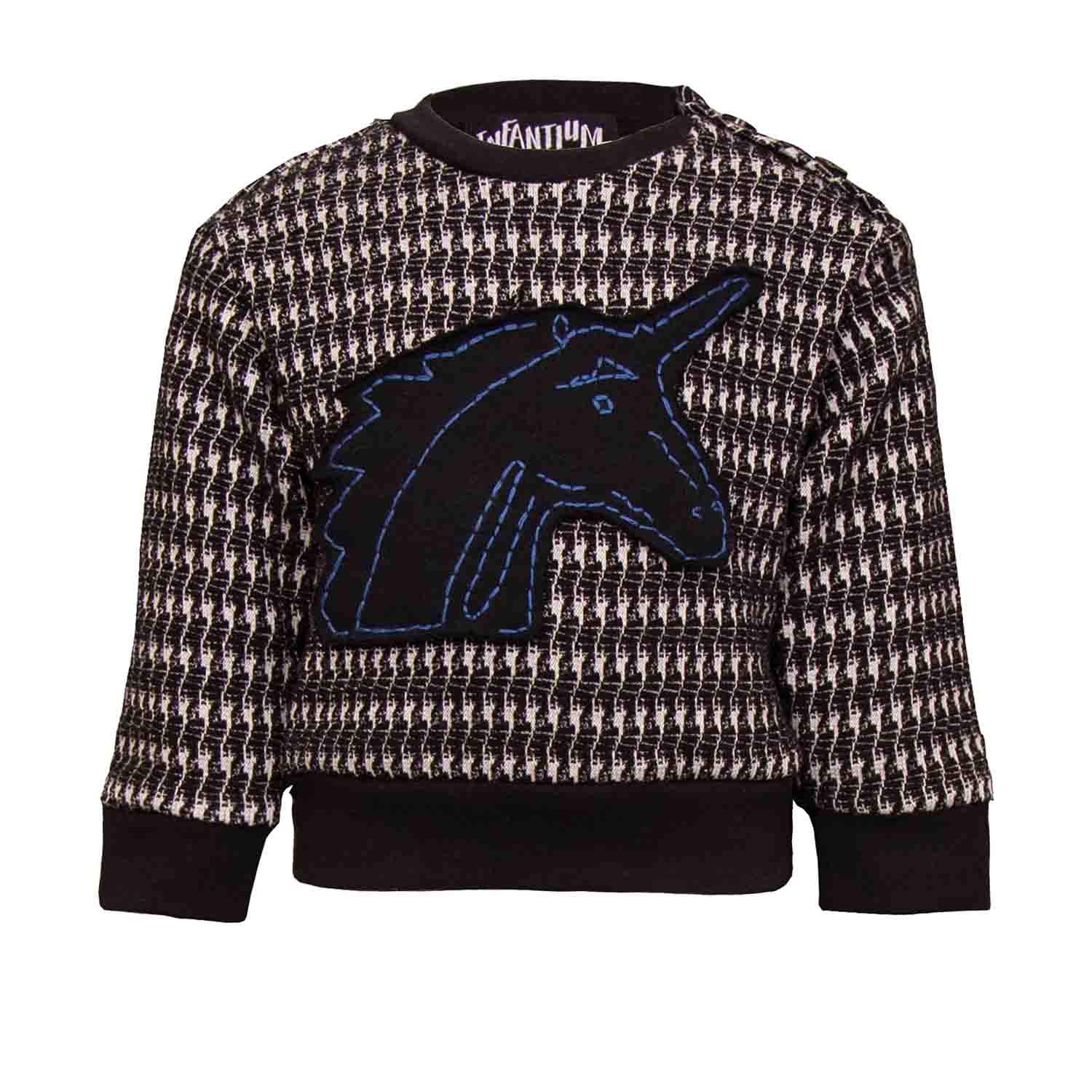 Black and white pied de poule Baby Sweatshirt with Unicorn Appliqué-0