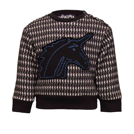 Black and white pied de poule Baby Sweatshirt with Unicorn Appliqué-0