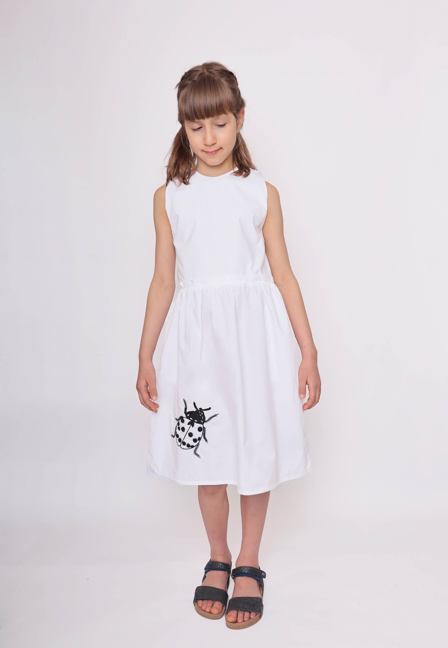 White Dress with Cutout Back and Ladybug Hand Embroidery-4