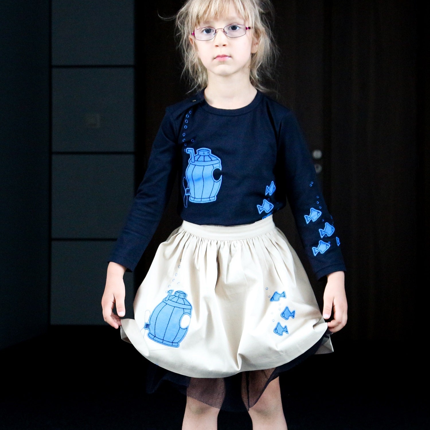 Kids Beige Cotton Skirt with Submarine-1