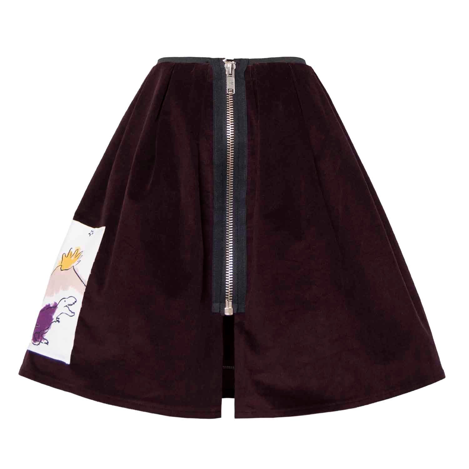 Velvet Skirt in Aubergine with Appliqué-3