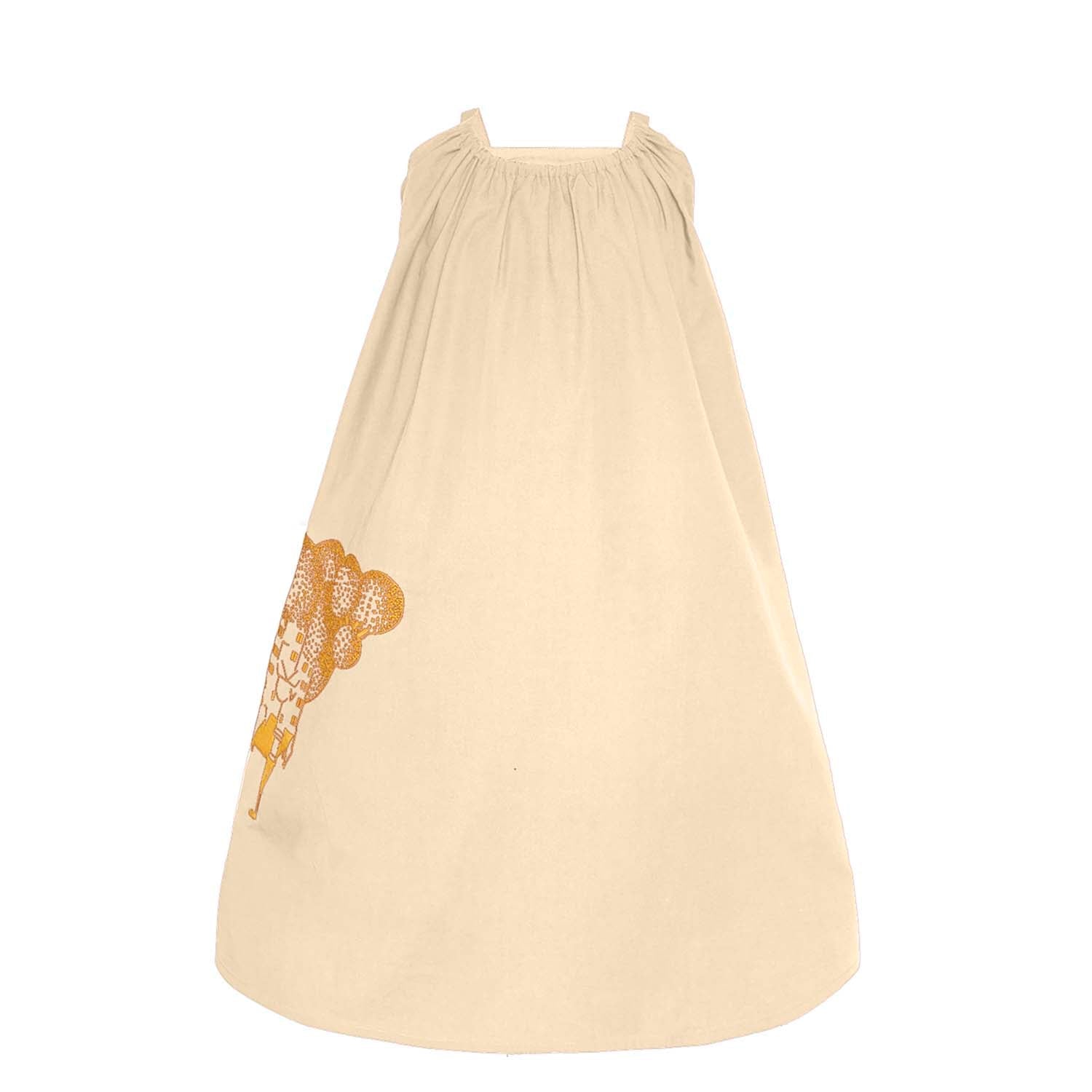 Beige Girls Boho Dress with Golden Castle Embroidery-0