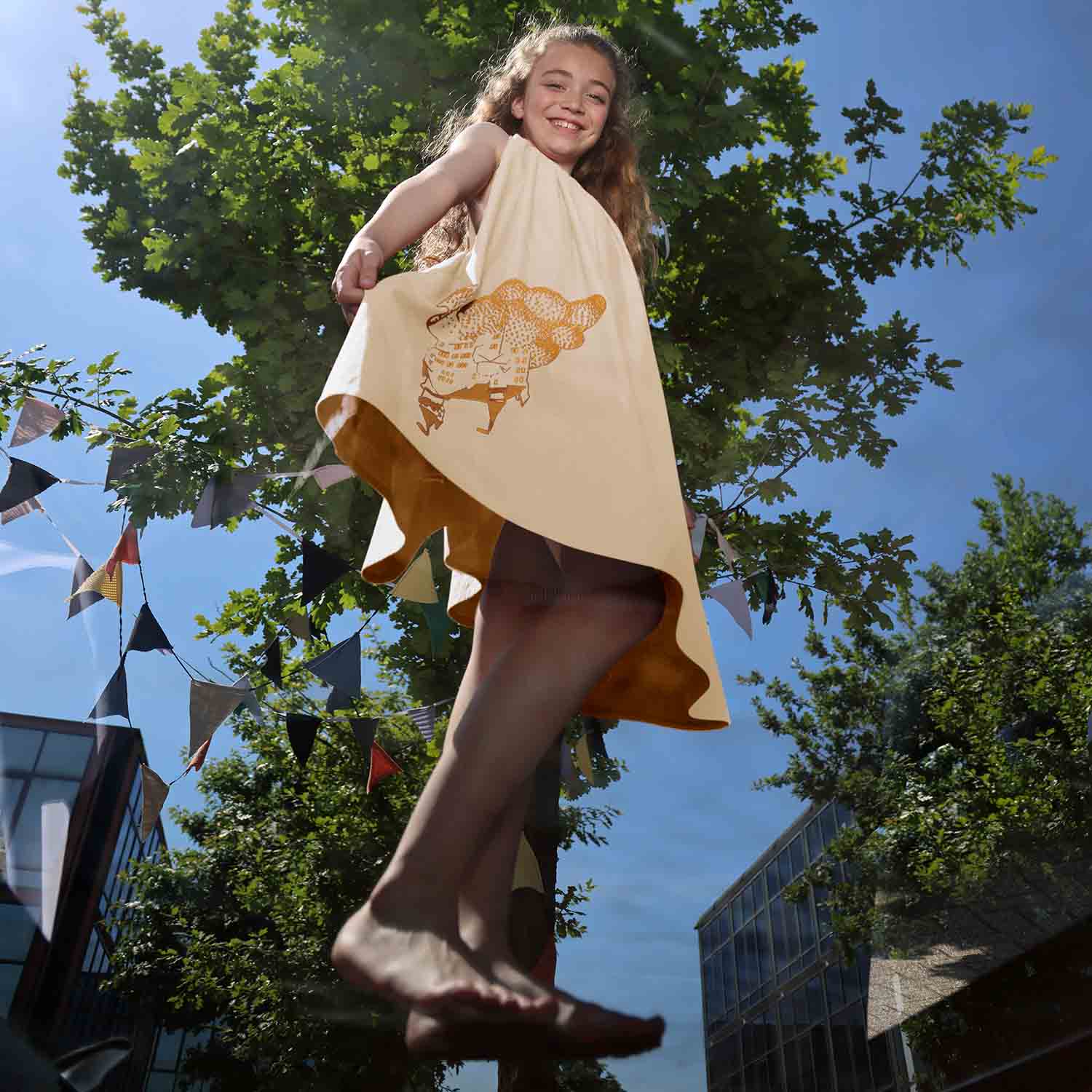 Beige Girls Boho Dress with Golden Castle Embroidery-2