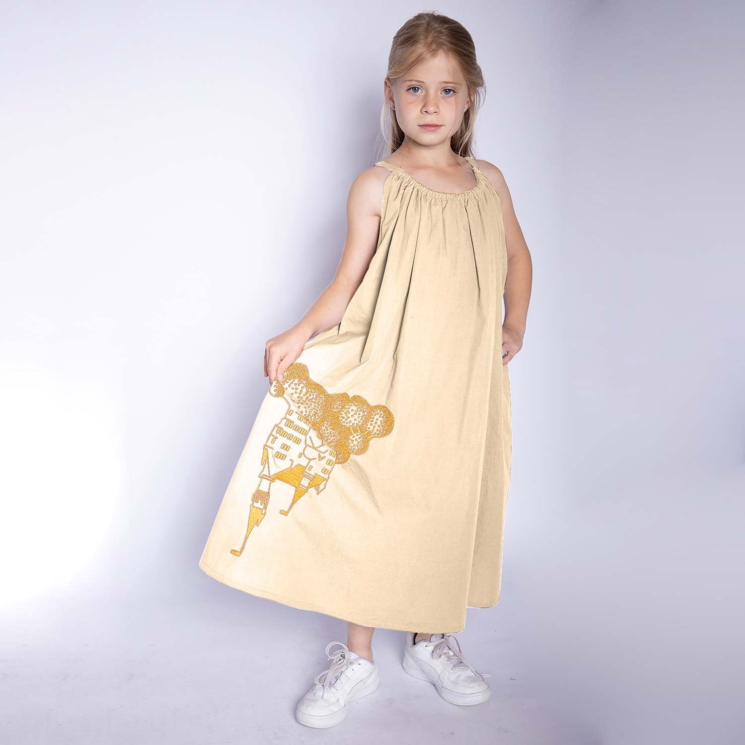 Beige Girls Boho Dress with Golden Castle Embroidery-1