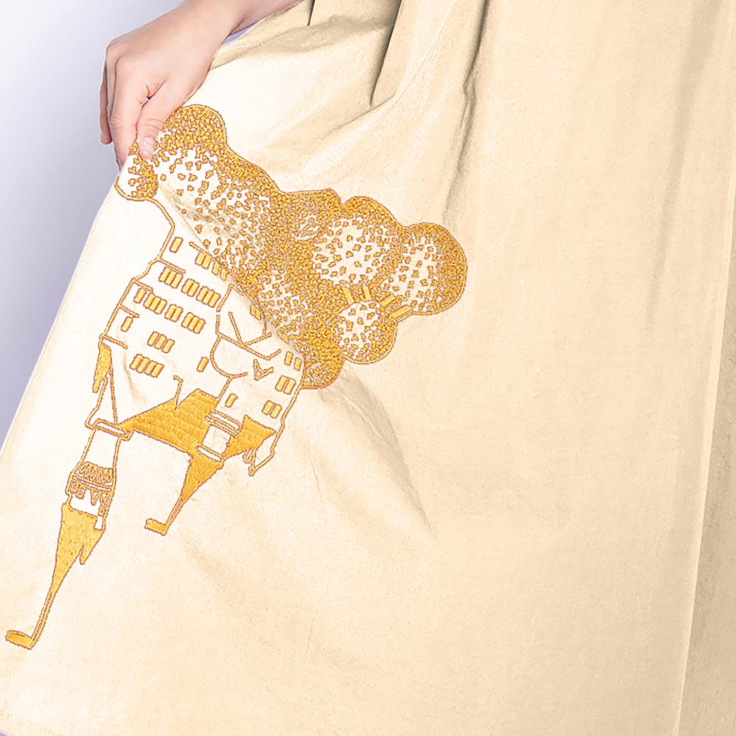 Beige Girls Boho Dress with Golden Castle Embroidery-4