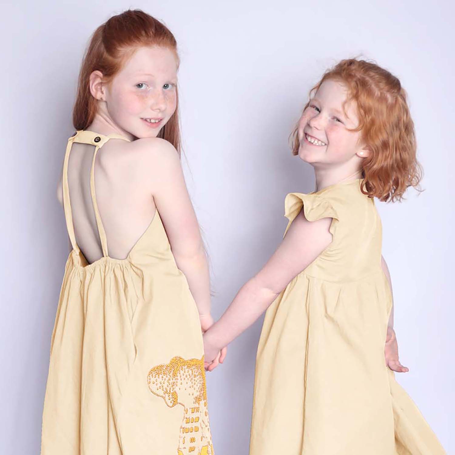 Beige Girls Boho Dress with Golden Castle Embroidery-3