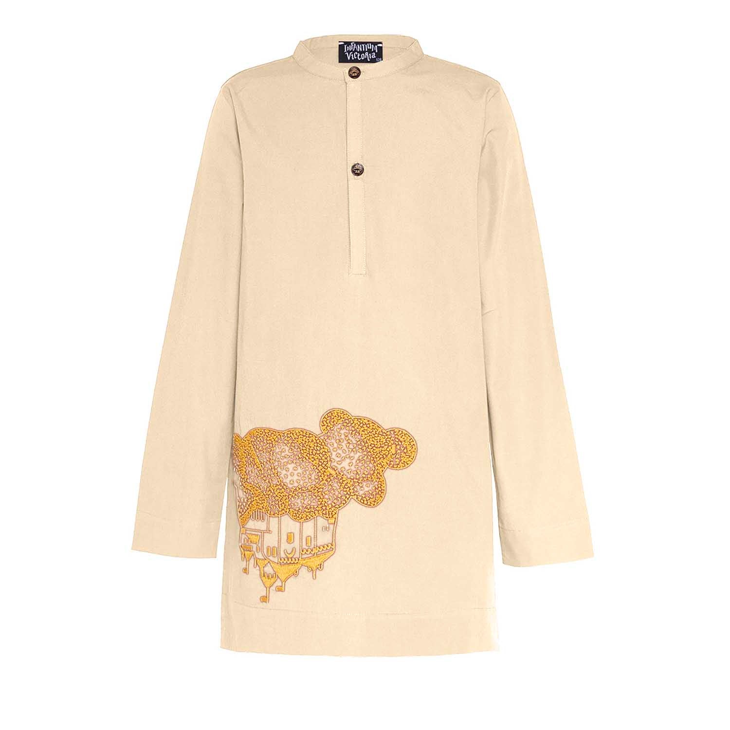 Beige Kids Tunic with Golden Castle Embroidery-0