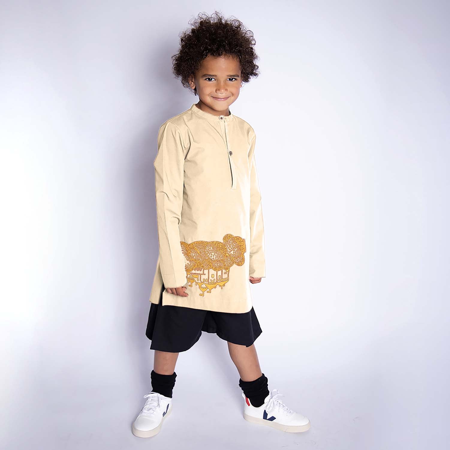 Beige Kids Tunic with Golden Castle Embroidery-1
