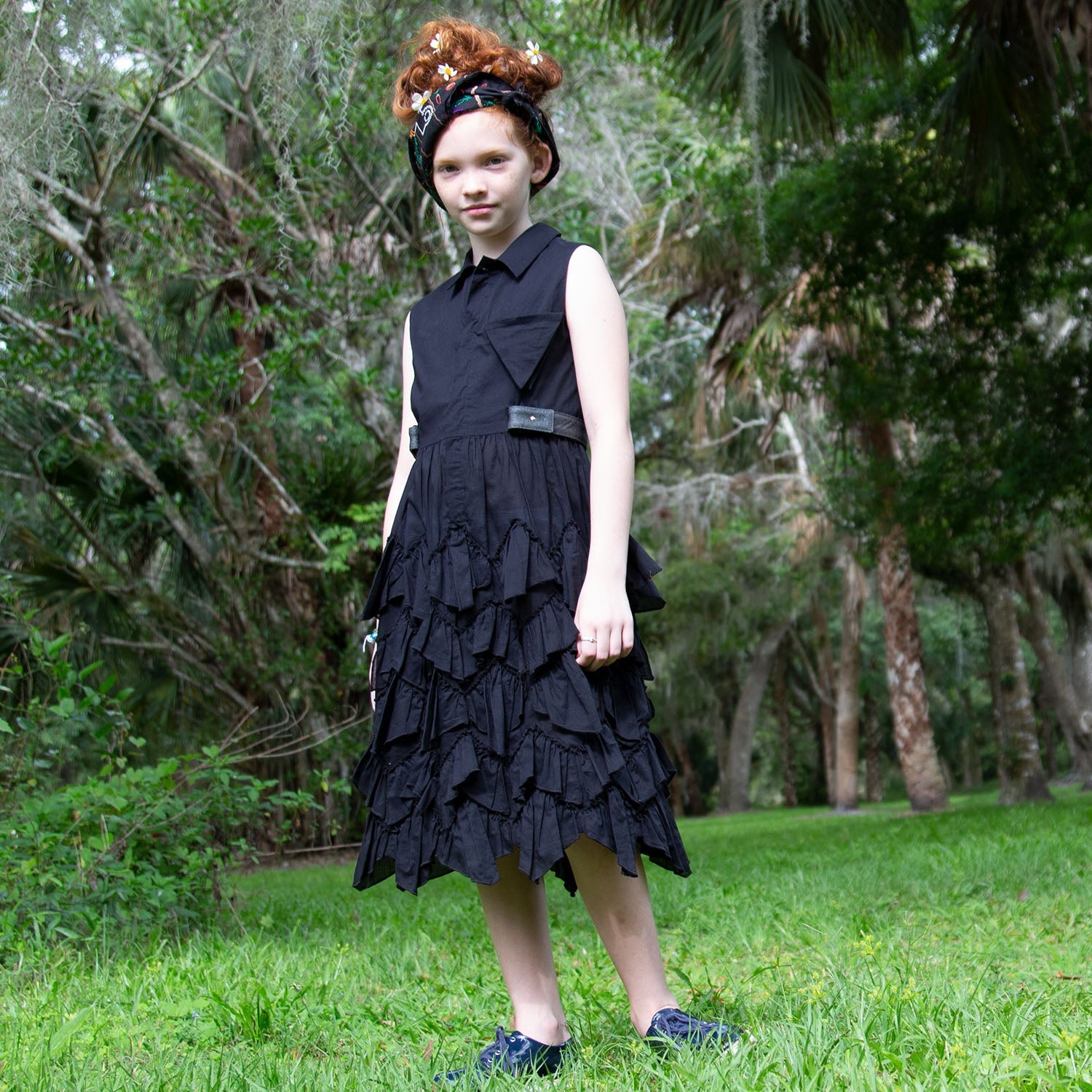 Girls Black Shirt Dress with Ruffles-2