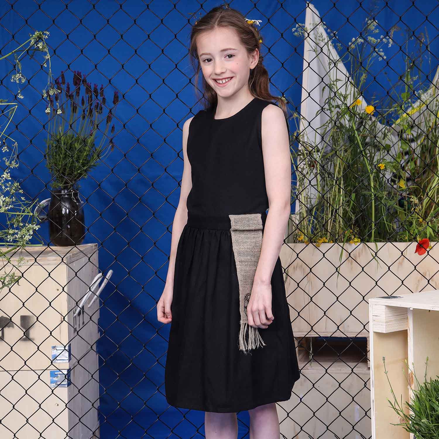 Girls' Black Dress with Cutout Back and Hemp Sash-2