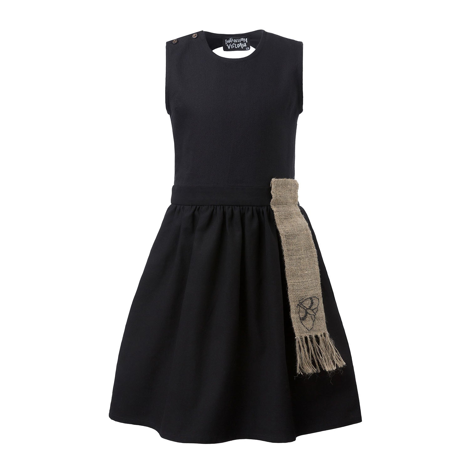 Girls' Black Dress with Cutout Back and Hemp Sash-0