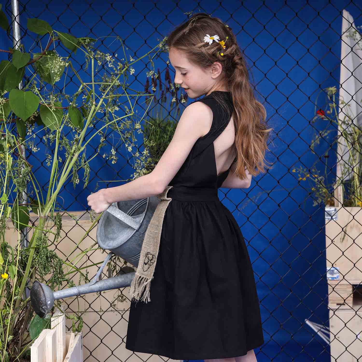 Girls' Black Dress with Cutout Back and Hemp Sash-3