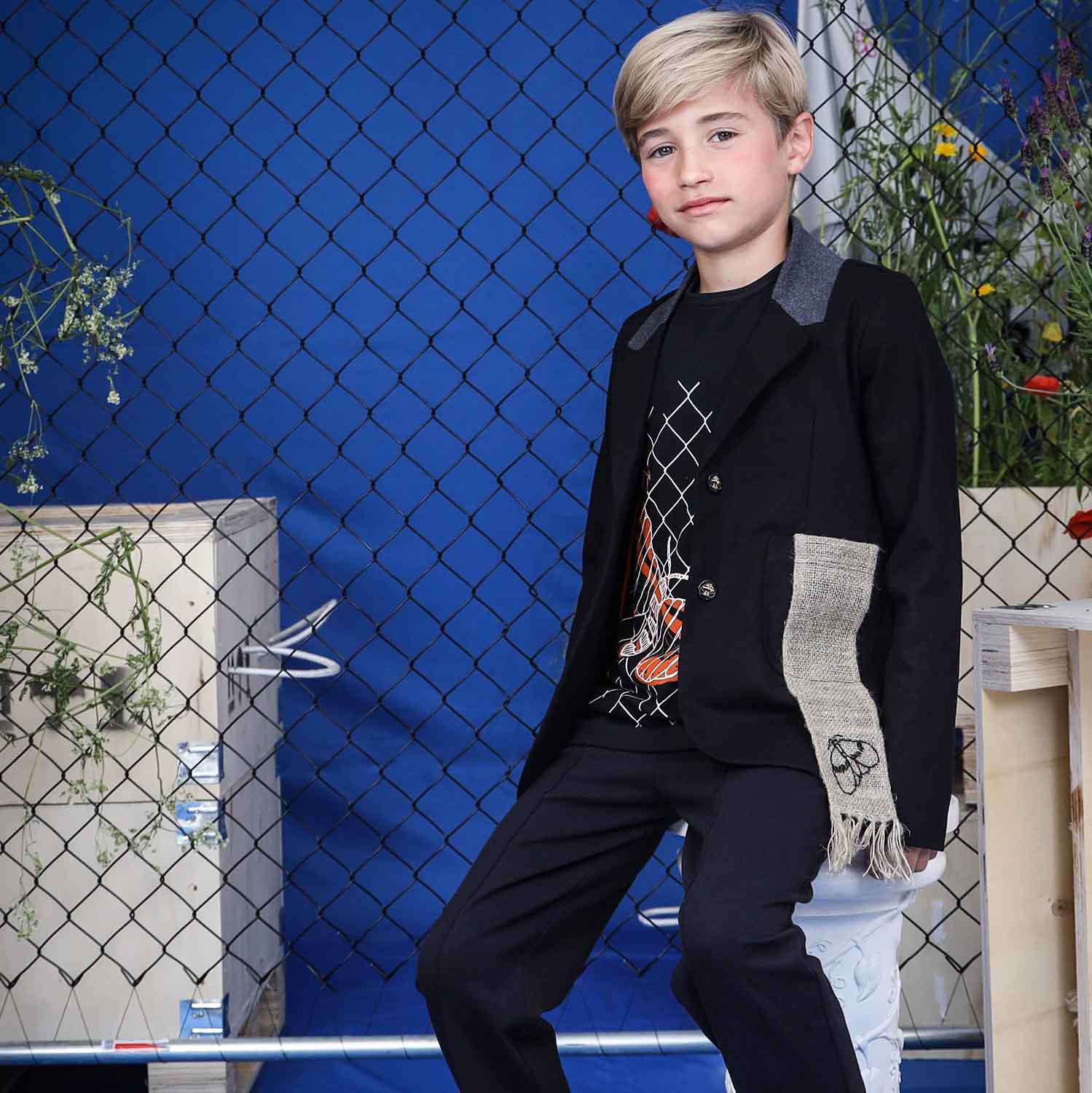 Kids' Black Tailored Jacket with Hemp Sash-2