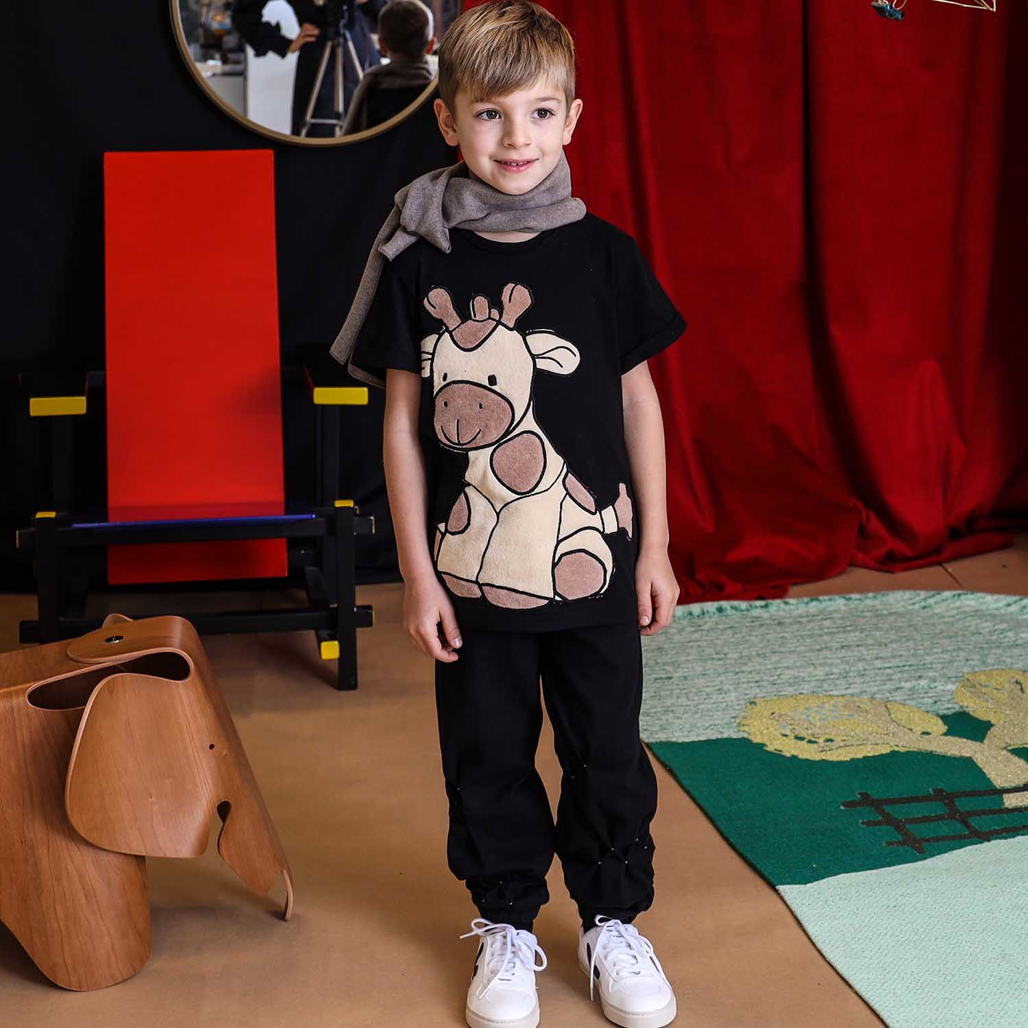 Kids Black Track Pants with Hand Smock-3
