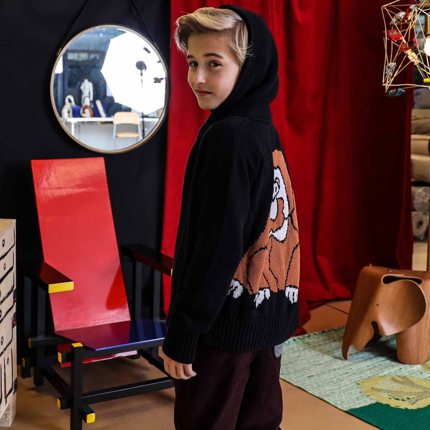 Black Knitted Kids Hoodie with Orangutan-1