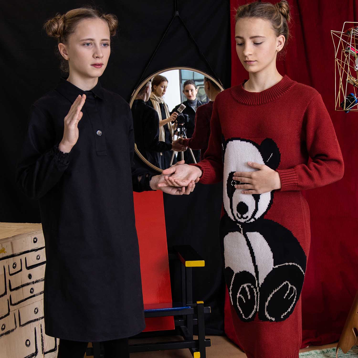 Girls Black Shirt Dress with Panda Embroidery-1