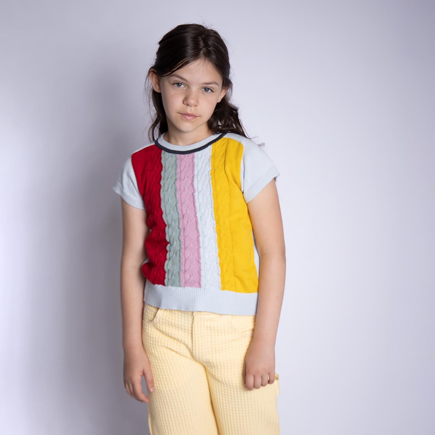 Blue Short Sleeve Cable Knit Top-1