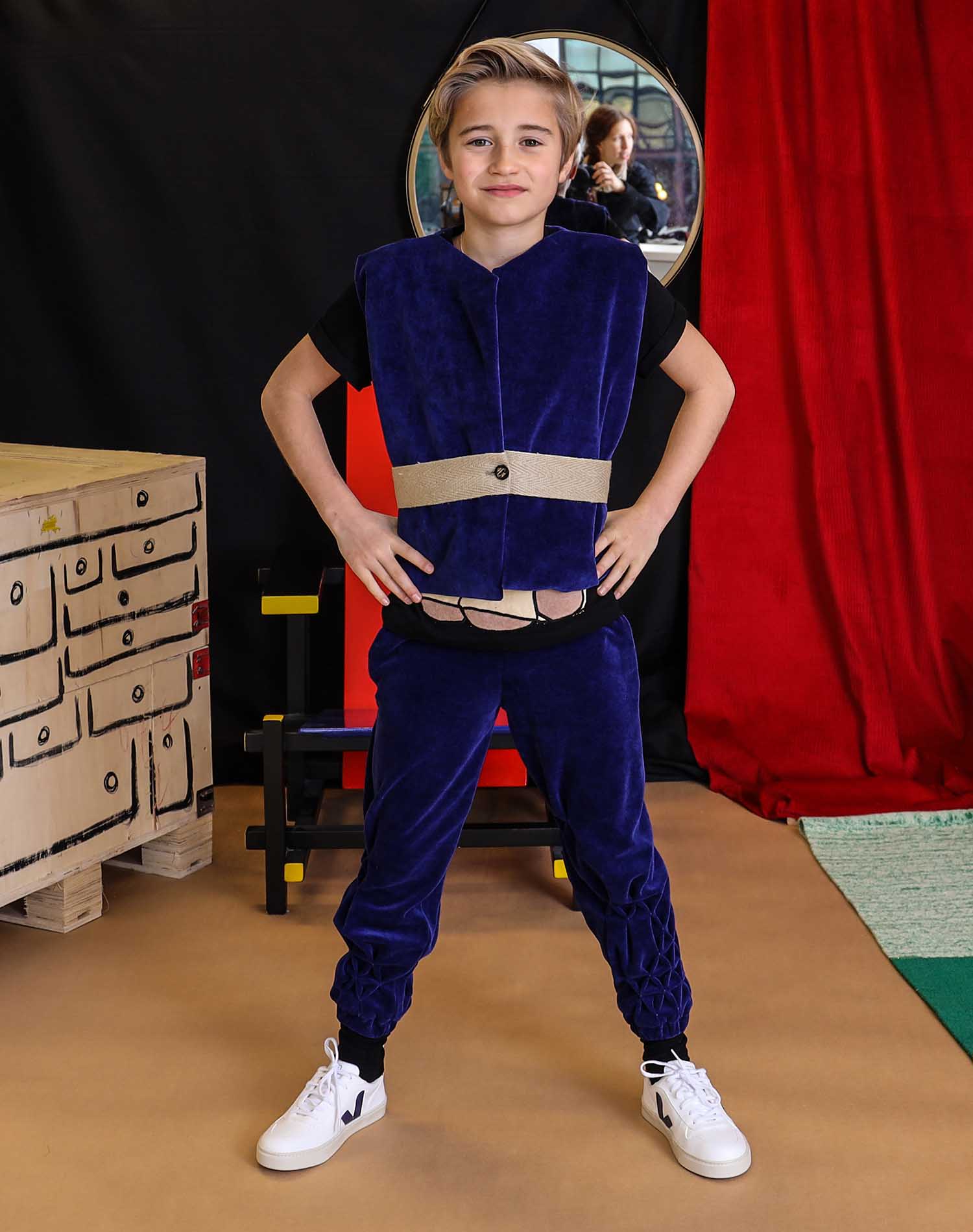 Kids Blue Velvet Track Pants with Hand Smock-1