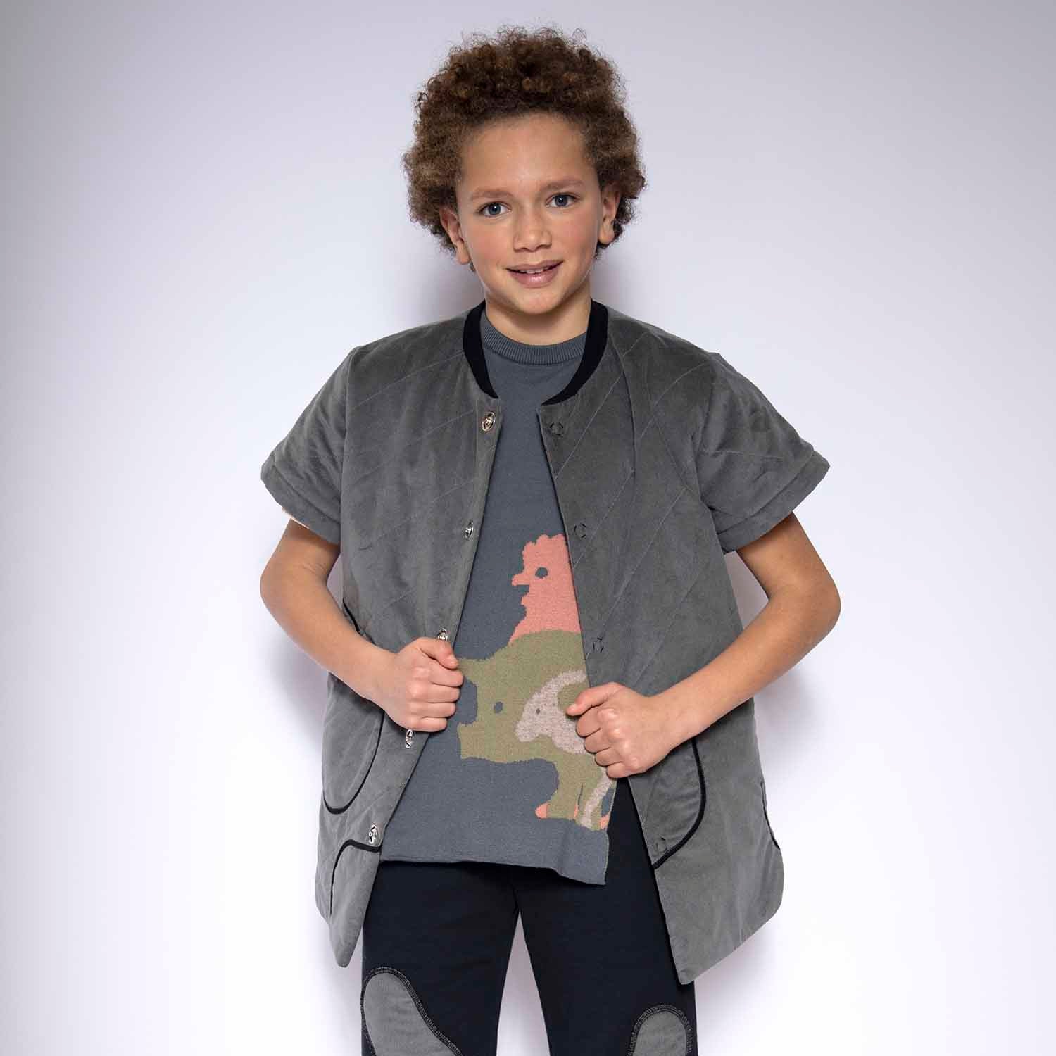 Grey Velvet Jacket with Short Sleeves-2