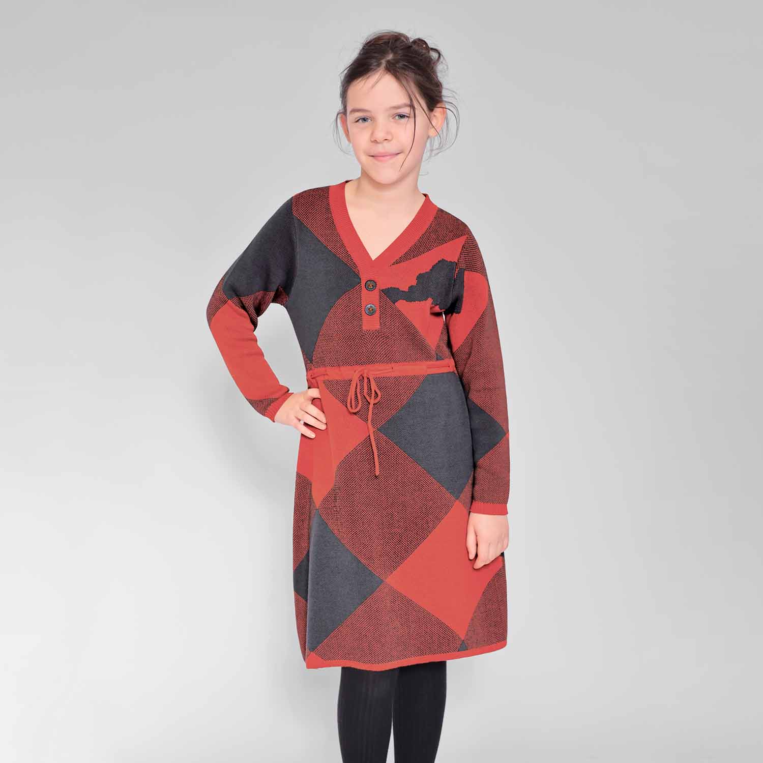 Grey and Orange Girls Sweater Dress-1