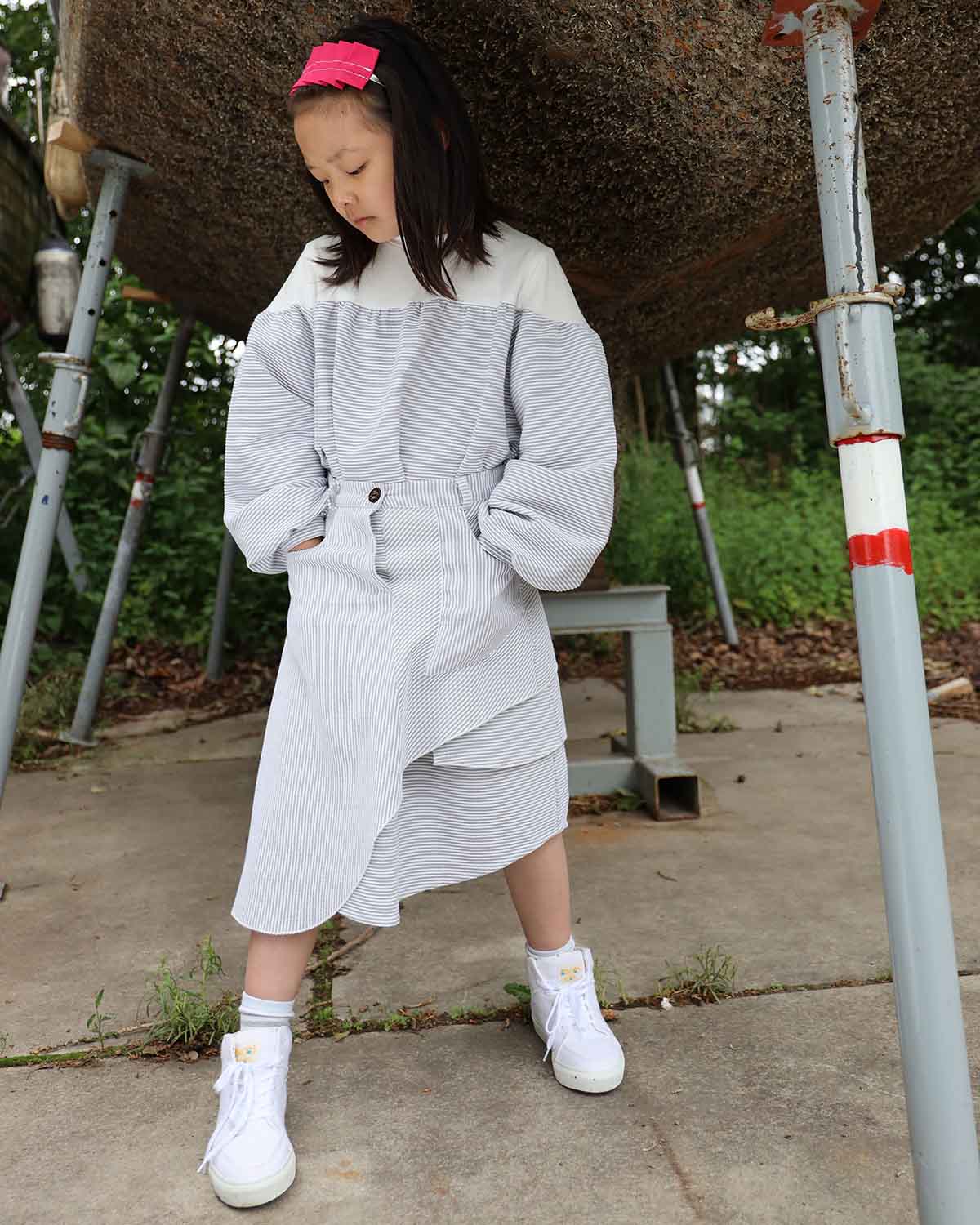 Girls Asymetrical Skirt with Grey Stripes-1