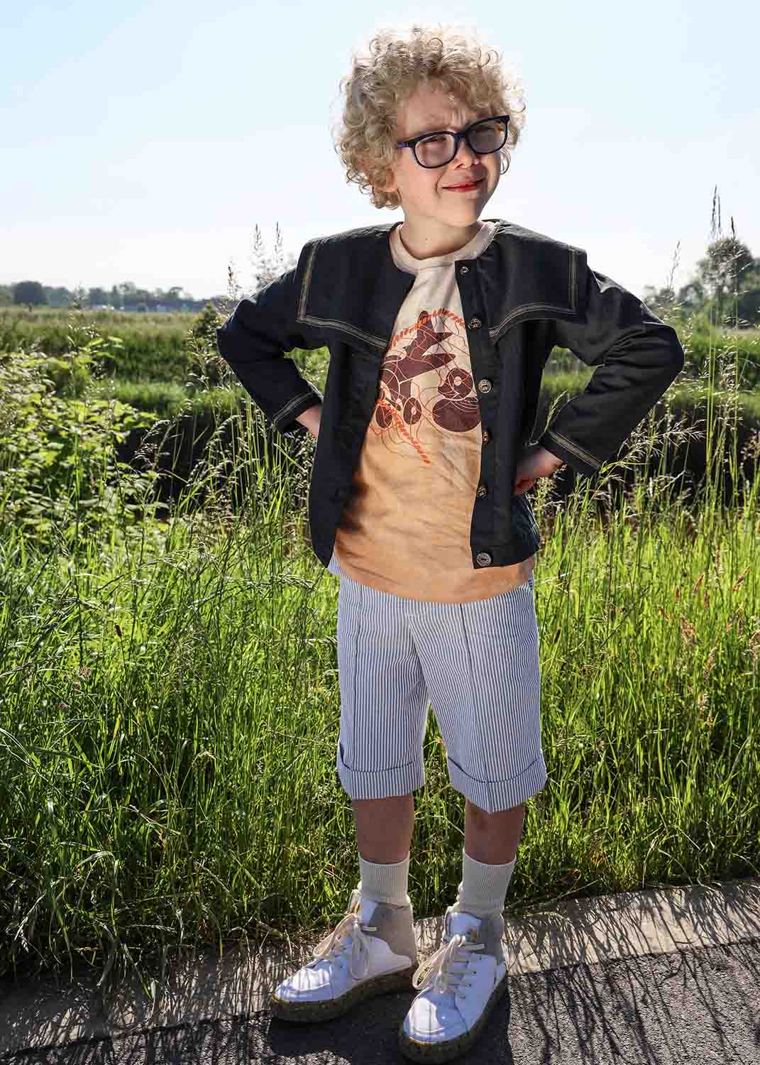 Kids' Grey and white Short Pants with Stripes-1