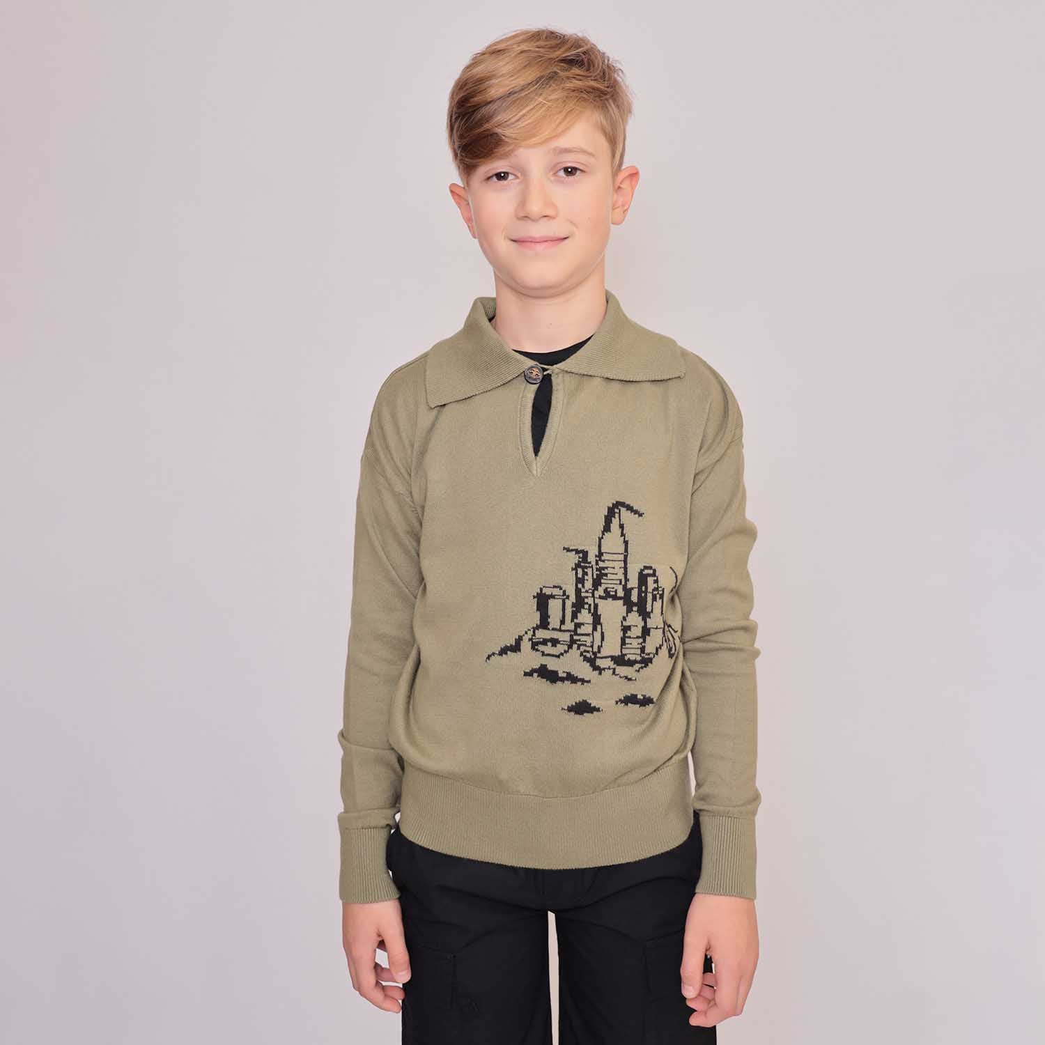 Kids Khaki Sweater with Beach Castle-1