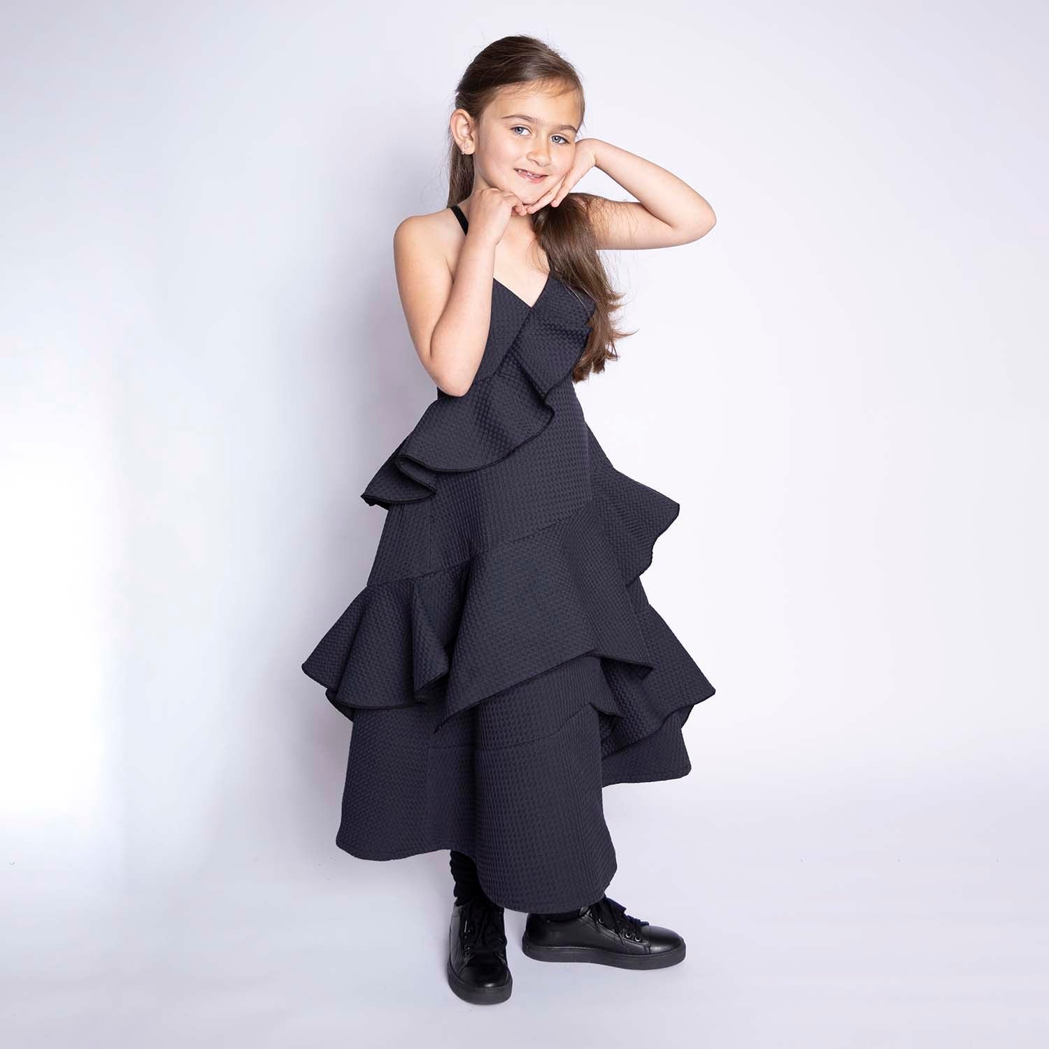 Black Waffle Cotton Gown for Girls-1