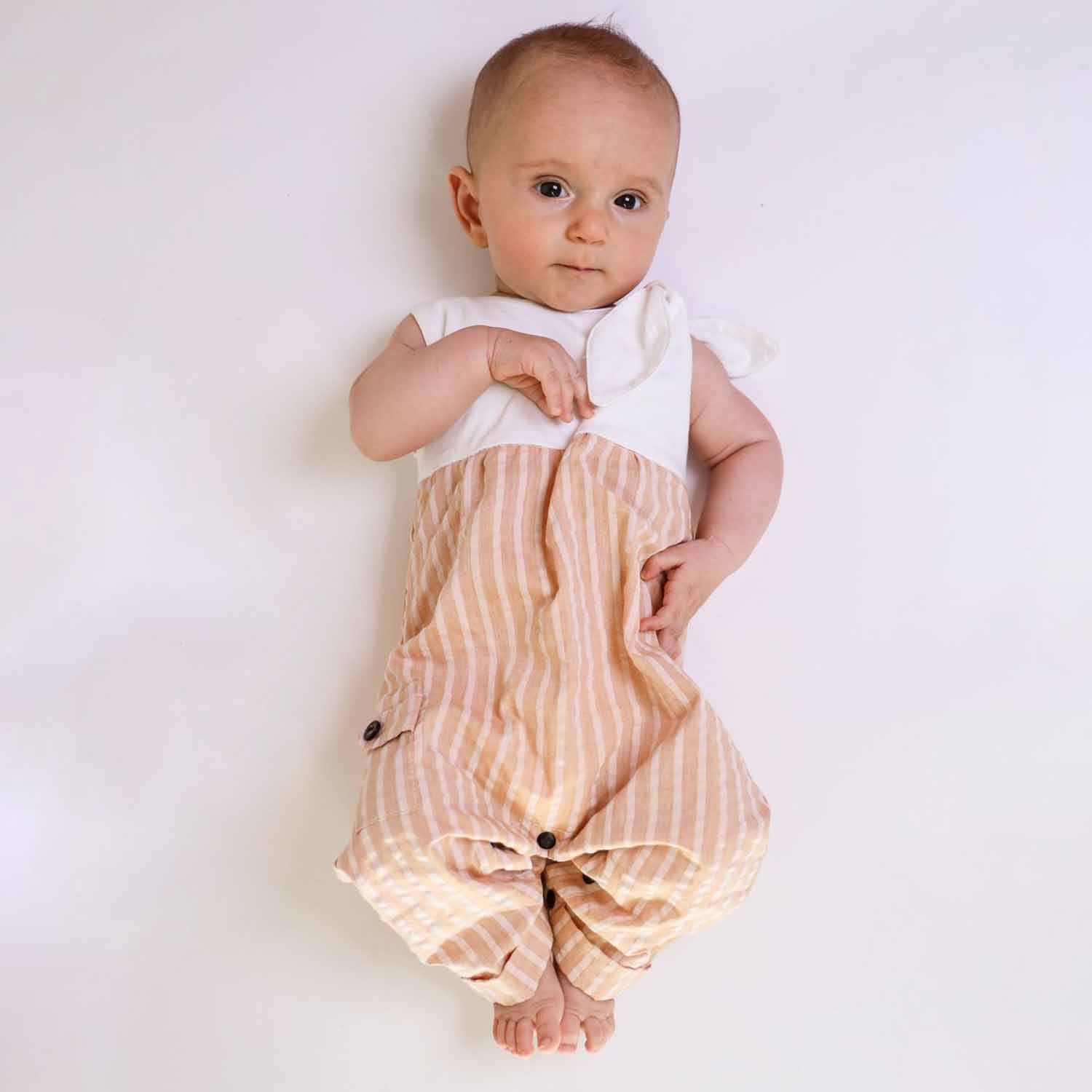 Peach Seersucker Baby Romper with Bow-1