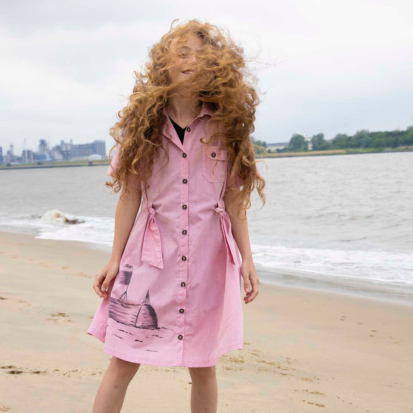 Hand-Painted Pink Safari Dress for Girls Limited Edition, GOTS-1