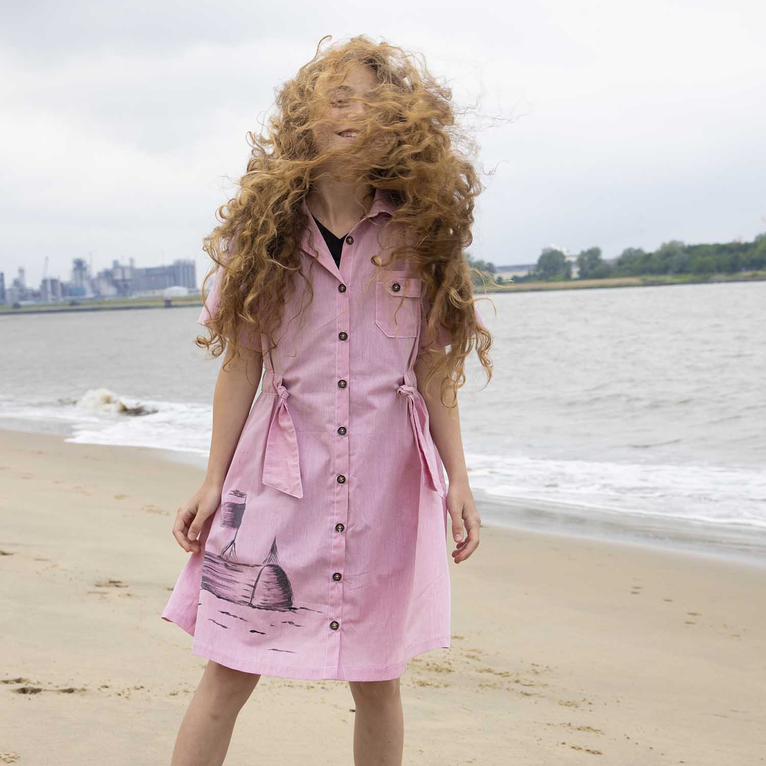 Hand-Painted Pink Safari Dress for Girls Limited Edition, GOTS-1