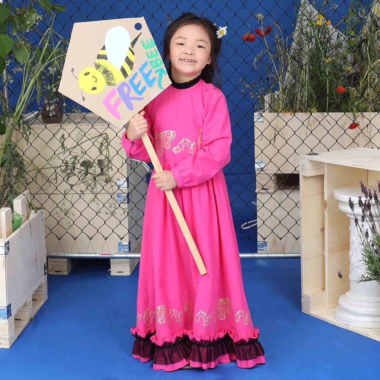 Girls Ball Gown in Pink with Golden Hand Block Print-2
