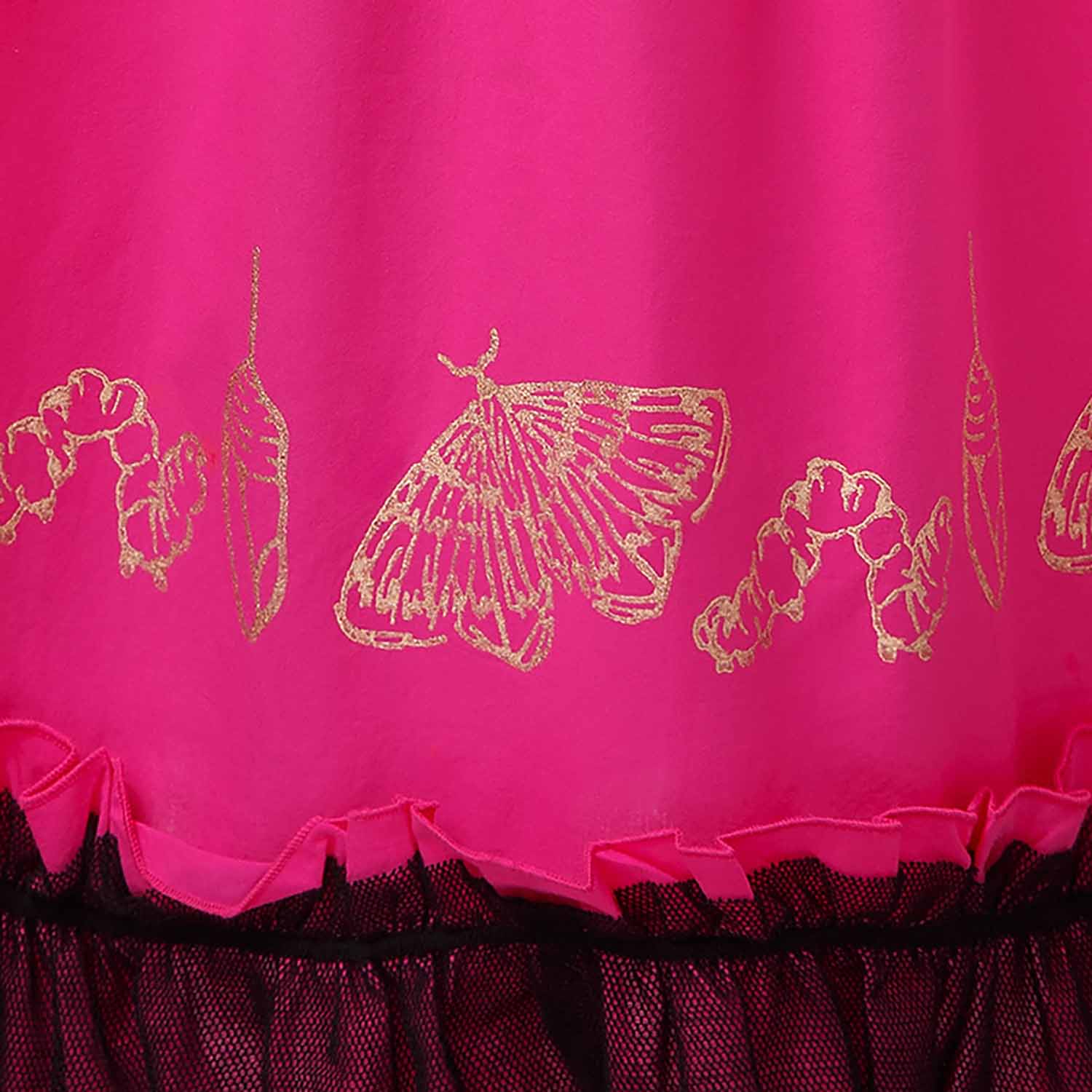 Girls Ball Gown in Pink with Golden Hand Block Print-4
