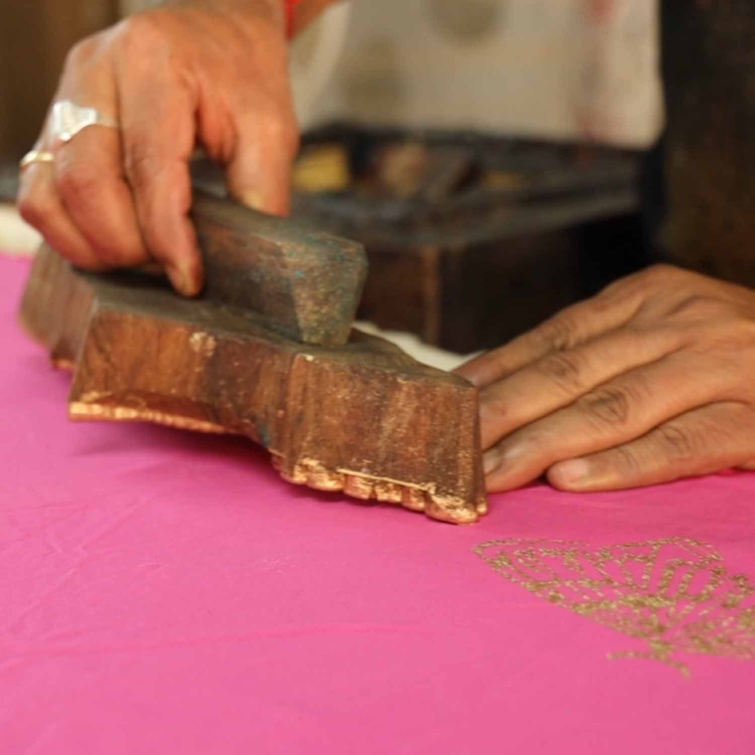 Girls Ball Gown in Pink with Golden Hand Block Print-3