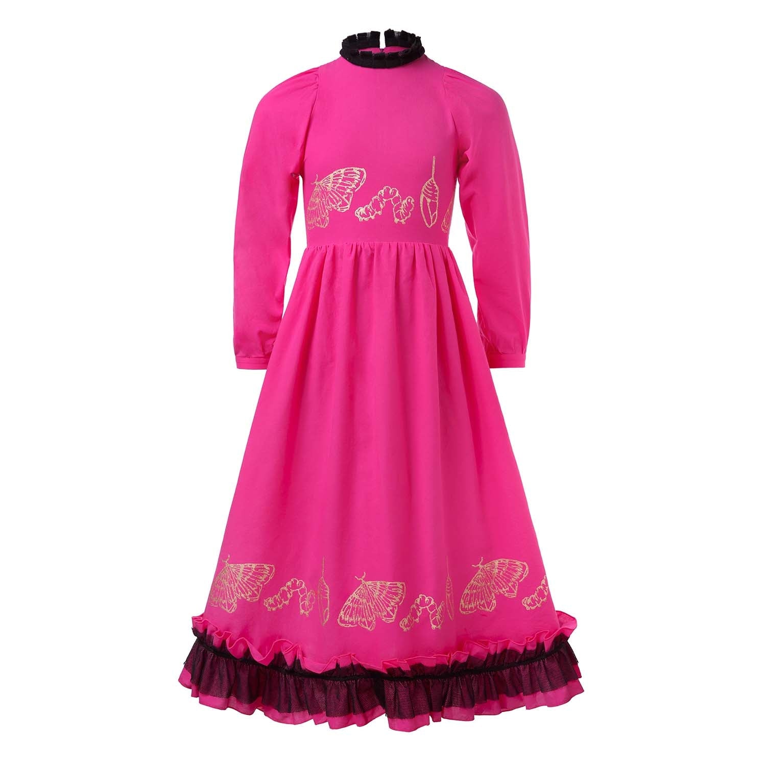 Girls Ball Gown in Pink with Golden Hand Block Print-0