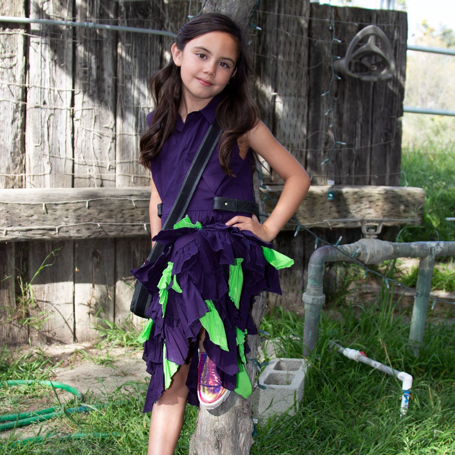 Girls Purple Shirt Dress with Green Ruffles-1