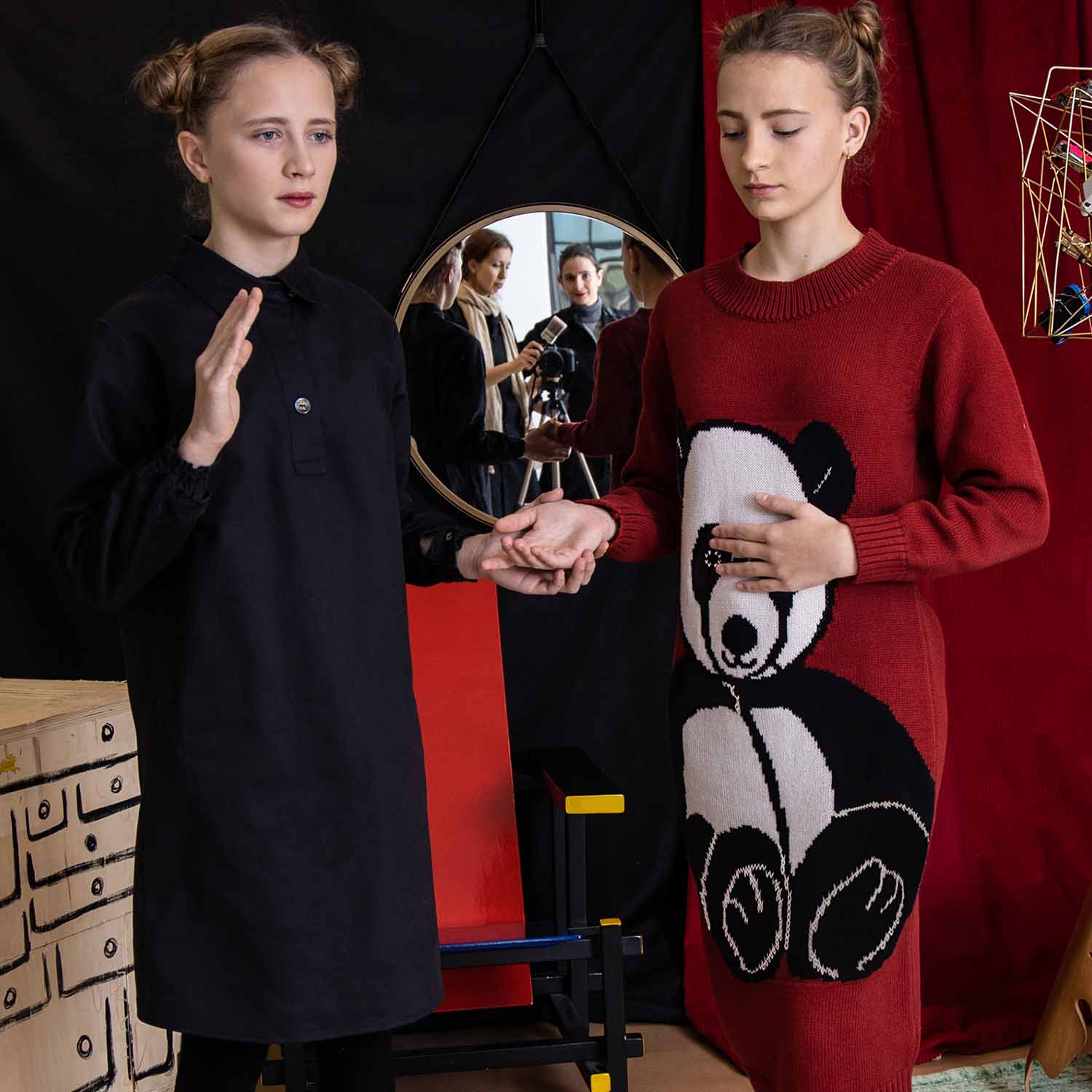 Red Knitted Girls Dress with Panda-1