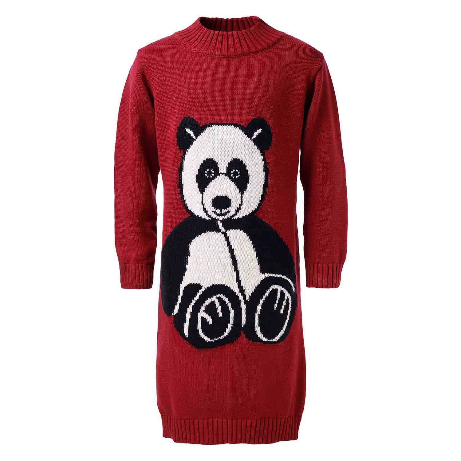 Red Knitted Girls Dress with Panda-0