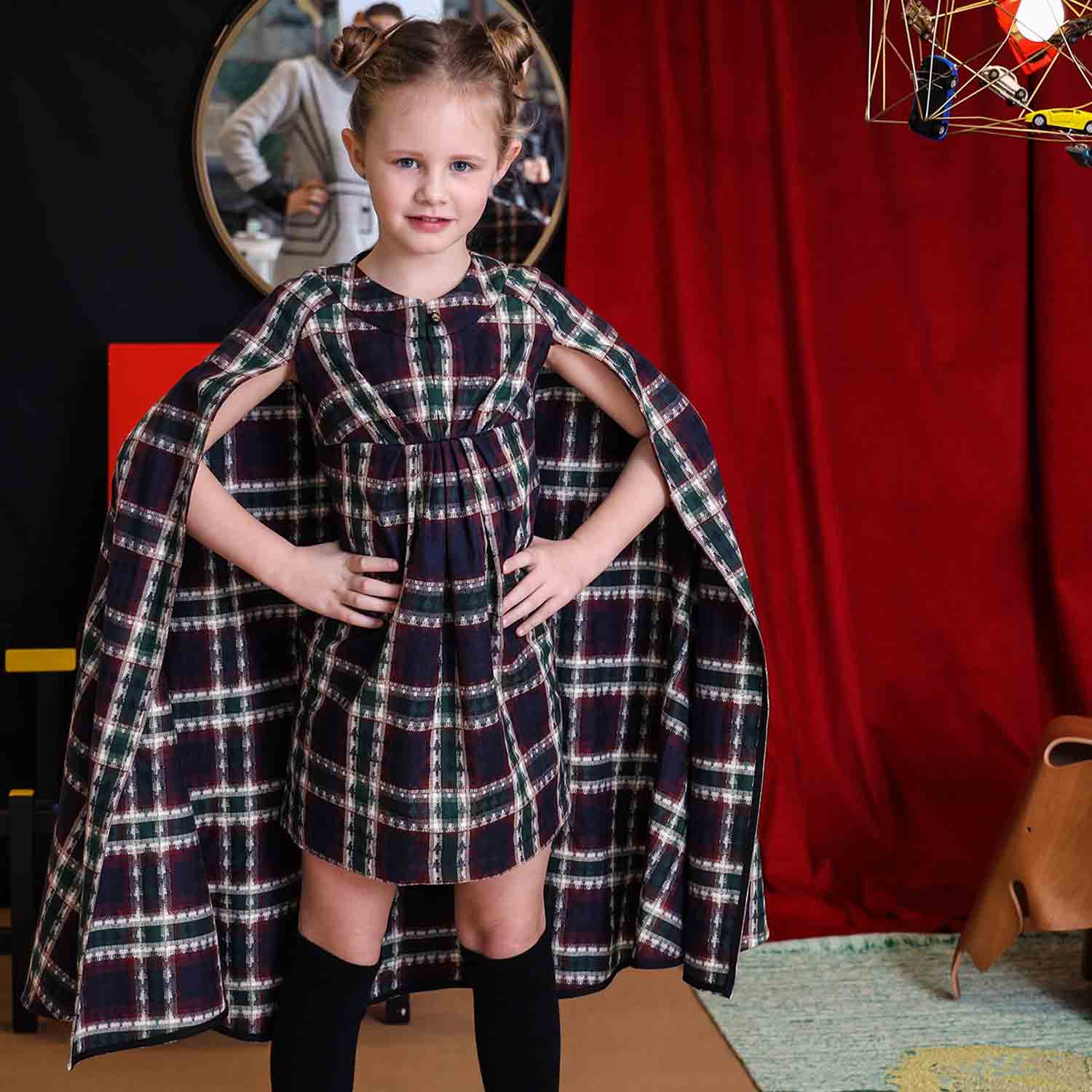 Tartan Cape Dress for Kids-1