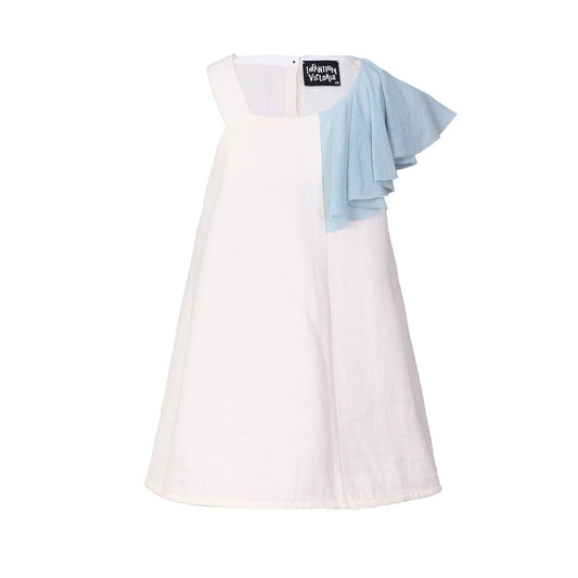 White Dress with Asymetric Shoulder for Girls-0